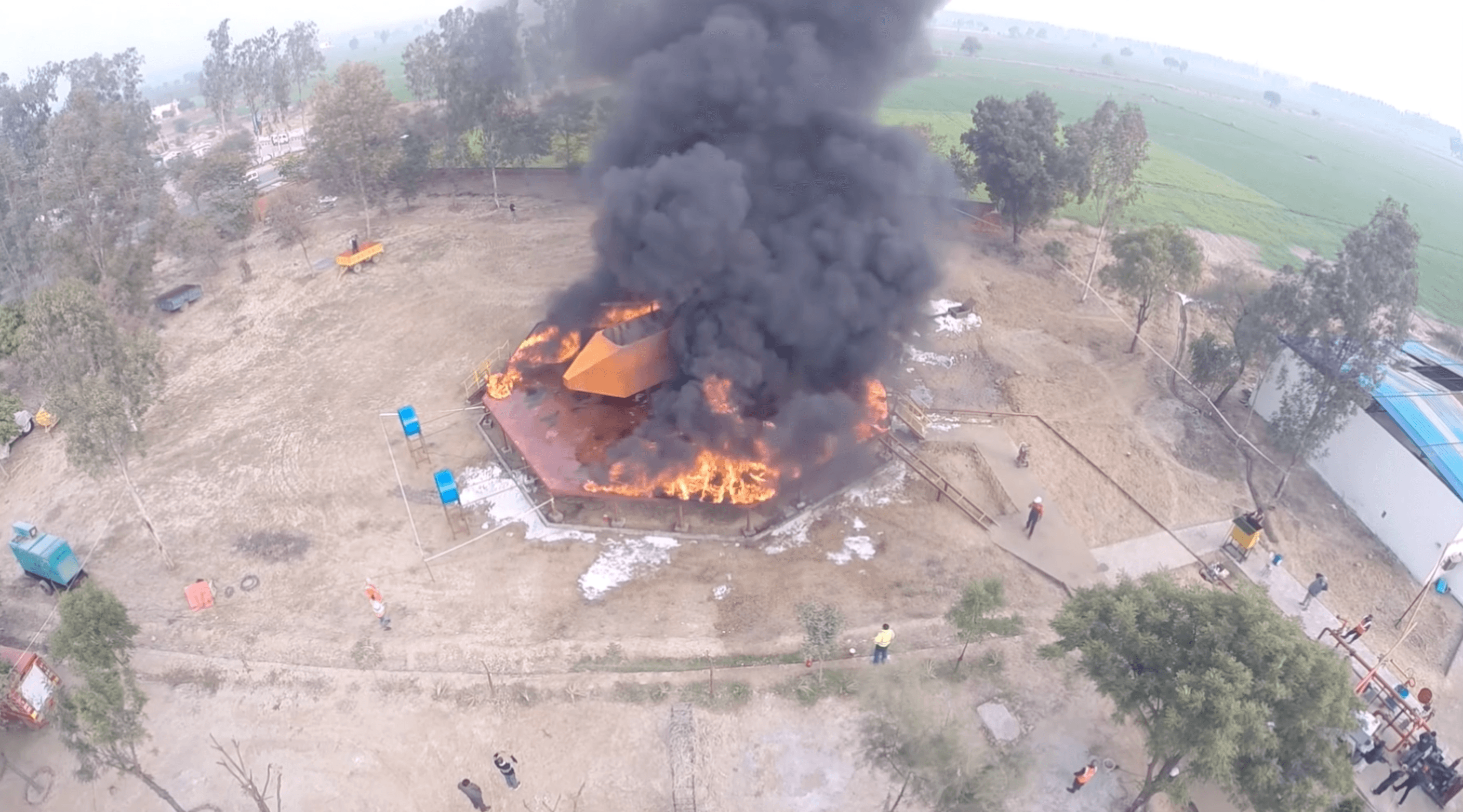 Aerial view of FTRL fire test area during a large-scale test